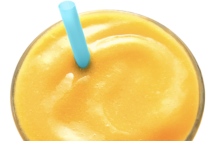 Aerial view of Tropical Smoothie Cafe Sunshine smoothie with text in the background “get a sunshine smoothie”.